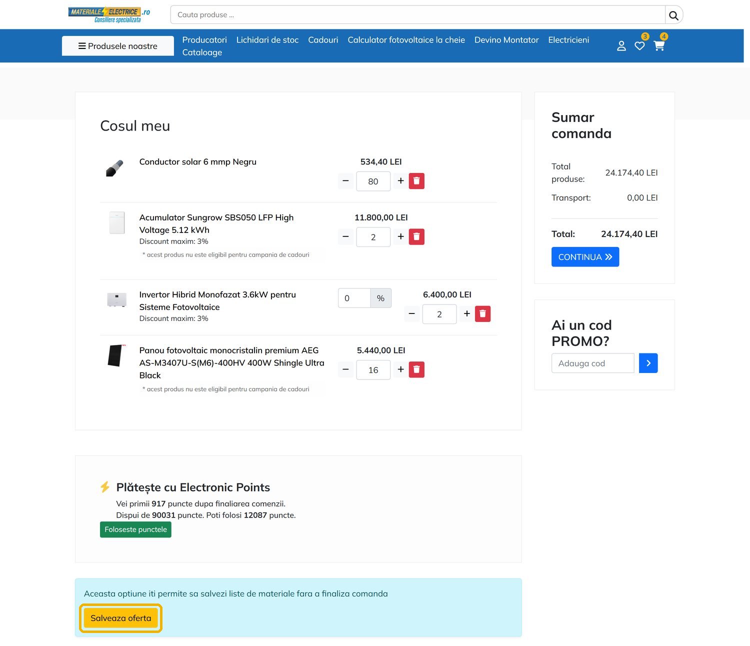 Pagina coșului, cu butonul galben Salveaza oferta încadrat sub lista de produse