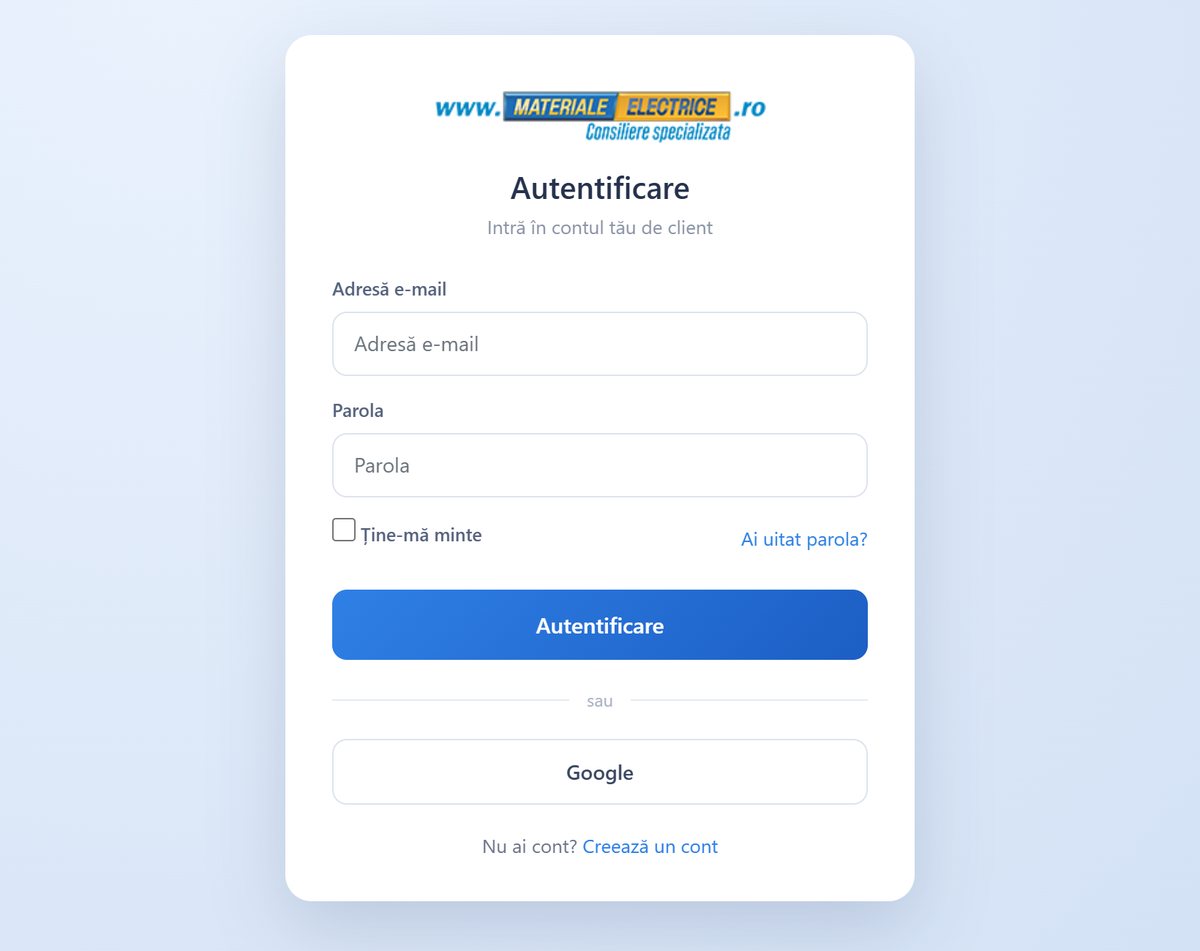 Formularul de autentificare, cu câmpurile Adresă e-mail și Parola