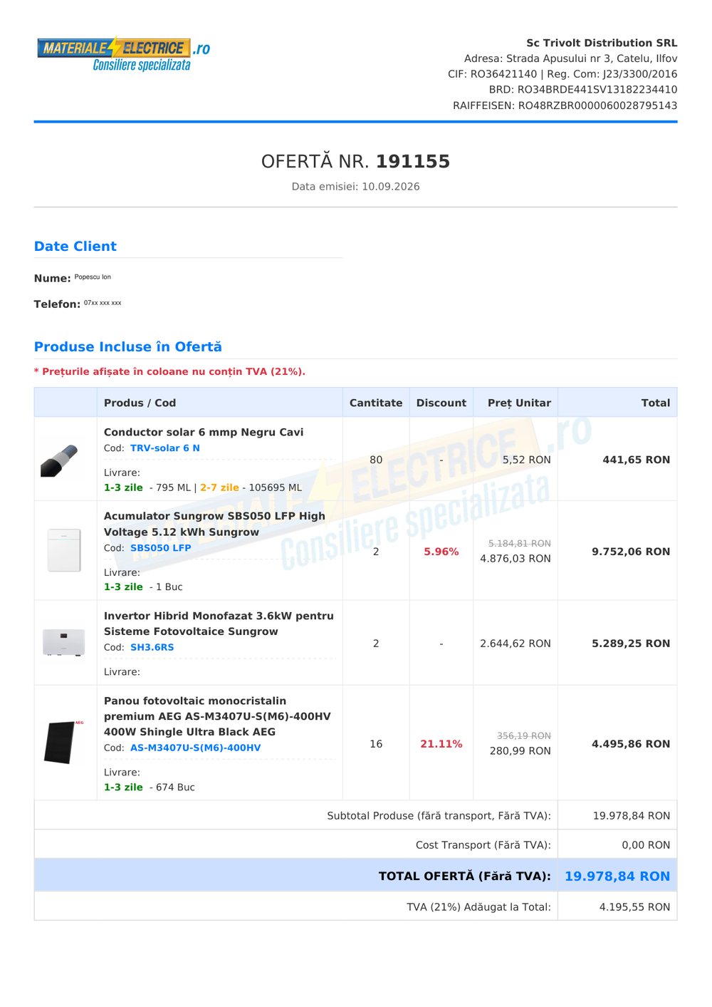 Prima pagină a ofertei în PDF, cu antetul firmei și tabelul de produse